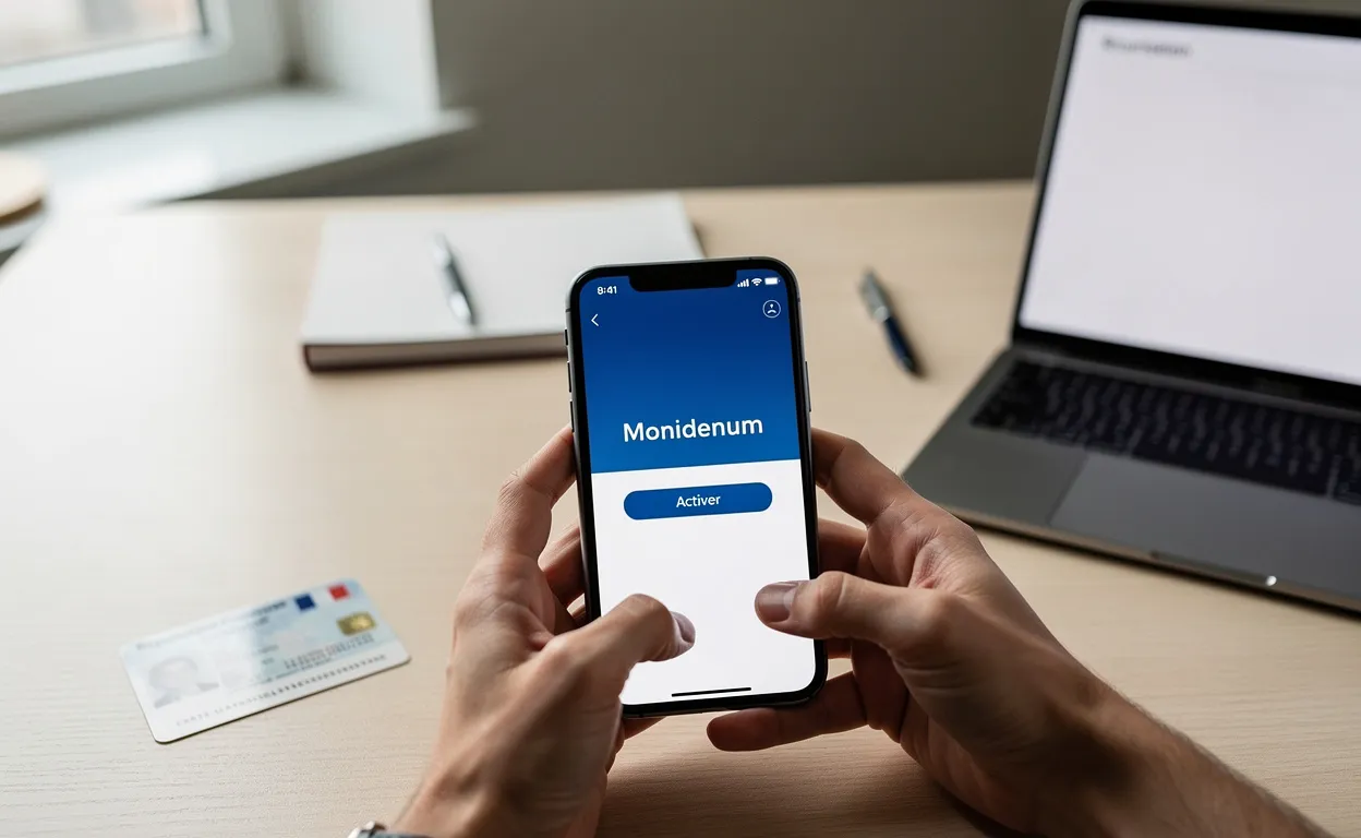Une personne tient un smartphone affichant l’activation de Monidenum, avec une carte d’identité française, un ordinateur portable et un bureau bien rangé sous une lumière naturelle.