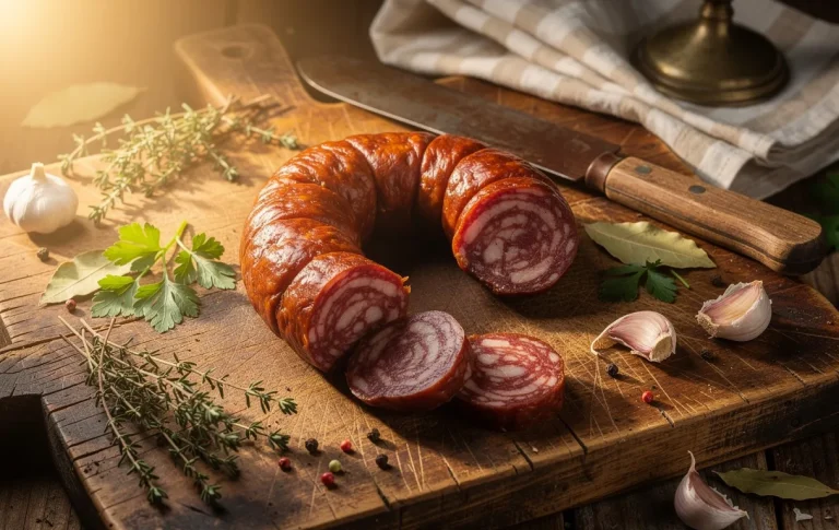Andouille de Guémené tranchée sur une planche rustique entourée d'herbes et d’ustensiles anciens sous une lumière dorée.