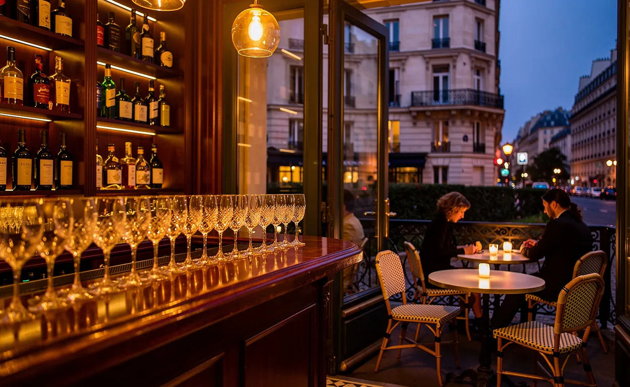 Un bar parisien élégant au crépuscule avec des lumières dorées reflétées sur le comptoir et une terrasse donnant sur des immeubles haussmanniens.