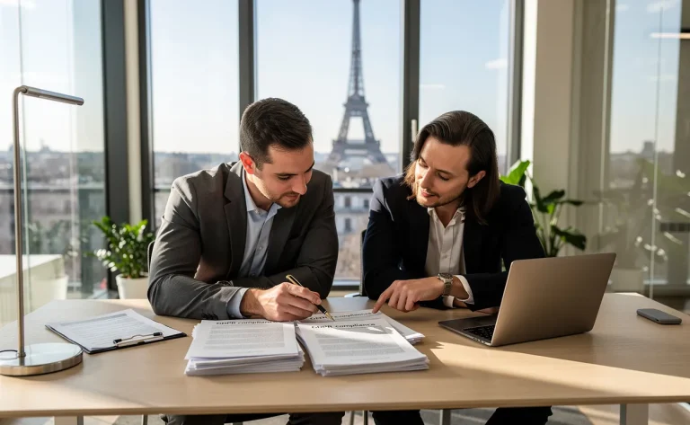 Deux chefs d’entreprise examinent des documents sur la conformité RGPD dans un bureau parisien moderne avec vue sur la tour Eiffel.