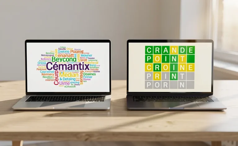 Deux ordinateurs portables se font face sur une table en bois épurée, l’un affichant une nébuleuse de mots colorés Cémantix, l’autre une grille Wordle, baignés par une lumière matinale douce.
