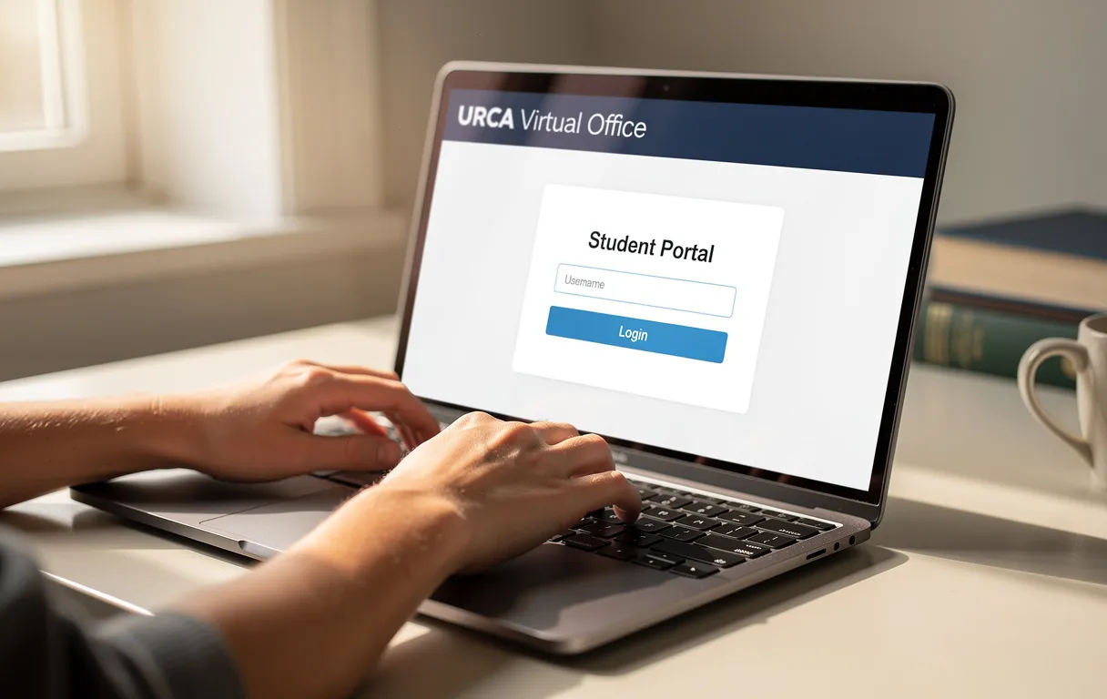 Un étudiant tape sur un ordinateur portable affichant l’écran de connexion au bureau virtuel et portail étudiant de l’URCA, avec de la lumière du jour entrant par une fenêtre.