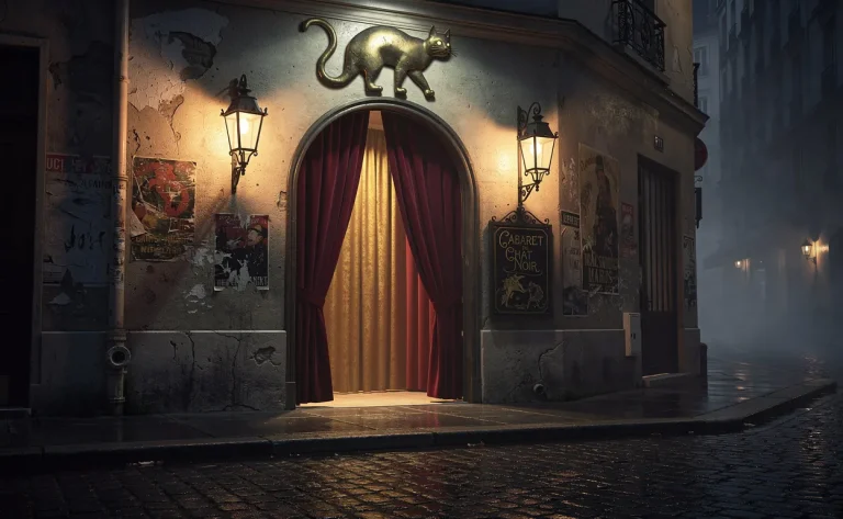 Entrée d’un cabaret parisien faiblement éclairée, ornée d’un chat noir doré au-dessus de la porte, avec des rideaux cramoisis et des lanternes anciennes diffusant une lumière chaleureuse.