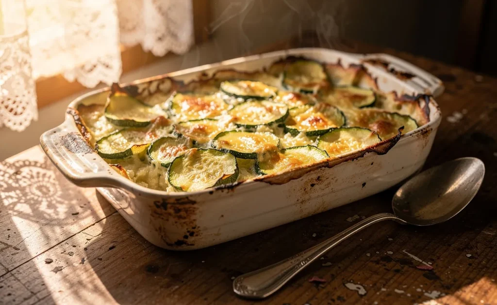 Un gratin de courgettes doré repose dans un plat en céramique sur une table en bois, éclairé par la lumière du jour passant à travers un rideau de dentelle.