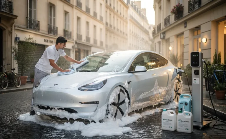 Une voiture électrique est lavée avec peu d’eau et une mousse biodégradable devant des bâtiments parisiens.