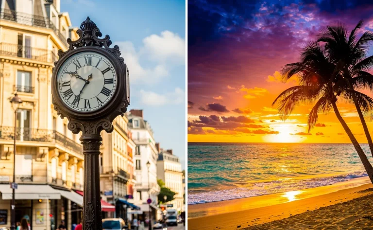 Une horloge parisienne indique midi à côté d'une plage tropicale de Pointe-à-Pitre au coucher du soleil sur une image scindée illustrant le décalage horaire.