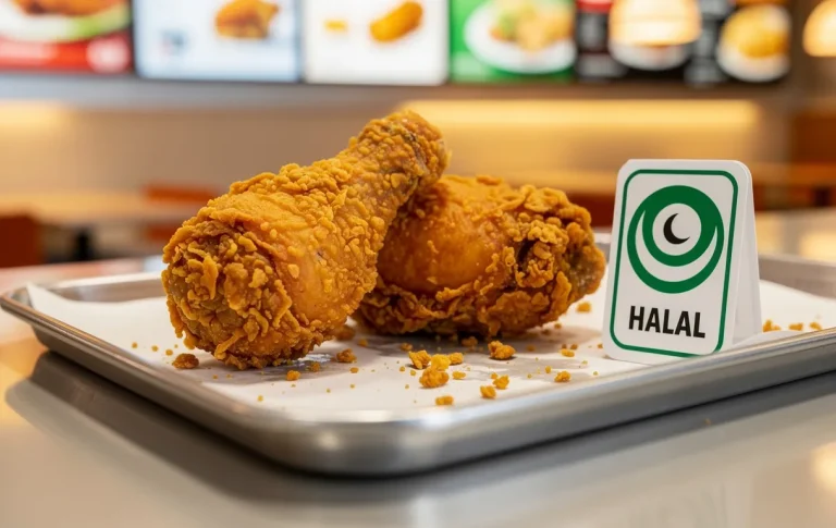 Deux morceaux de poulet frit posés sur un plateau avec une petite pancarte indiquant la certification halal, dans un restaurant lumineux.