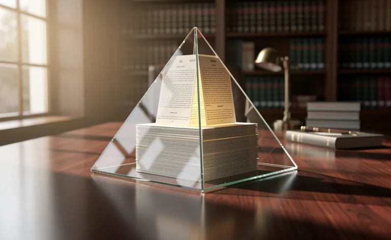 Une pyramide en verre transparente formée de documents juridiques empilés se dresse sur un bureau en bois baigné de lumière matinale.
