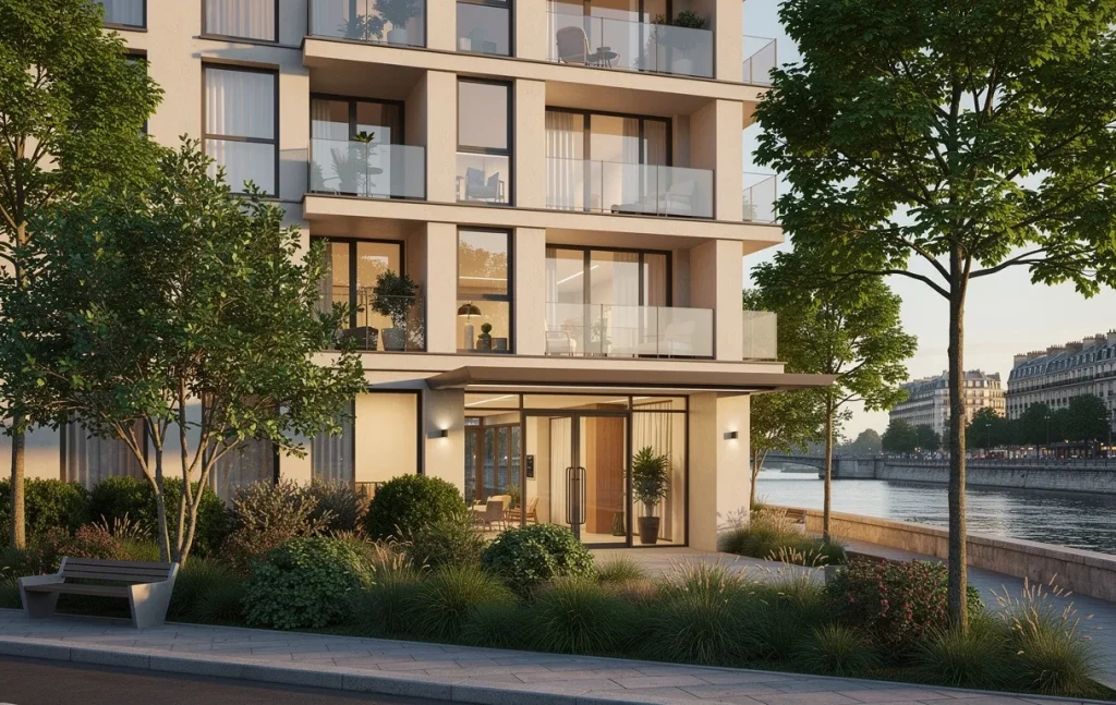 Un immeuble résidentiel moderne au bord de la Seine avec une entrée accueillante et des espaces verts sous une lumière douce d’après-midi.