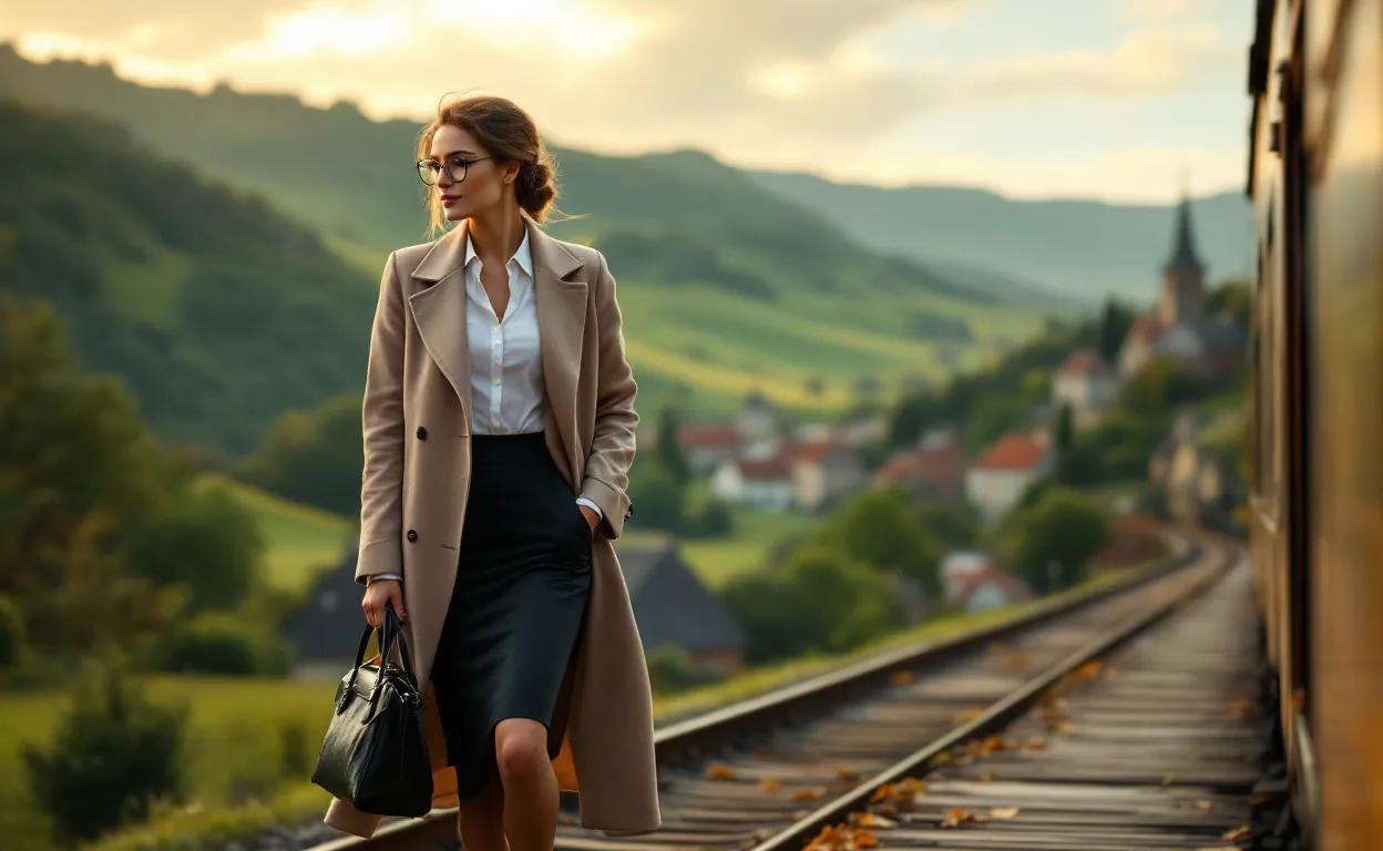 Une femme parisienne descend sur un quai de gare campagnard, entourée de collines verdoyantes et d’un village sous un ciel doré du matin.