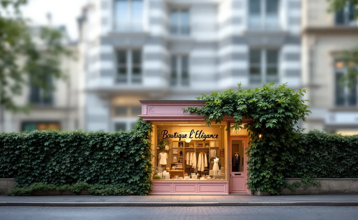 Une petite boutique parisienne au devant coloré se détache sur une rue calme face à des façades de grandes enseignes floues sous la lumière douce du matin.