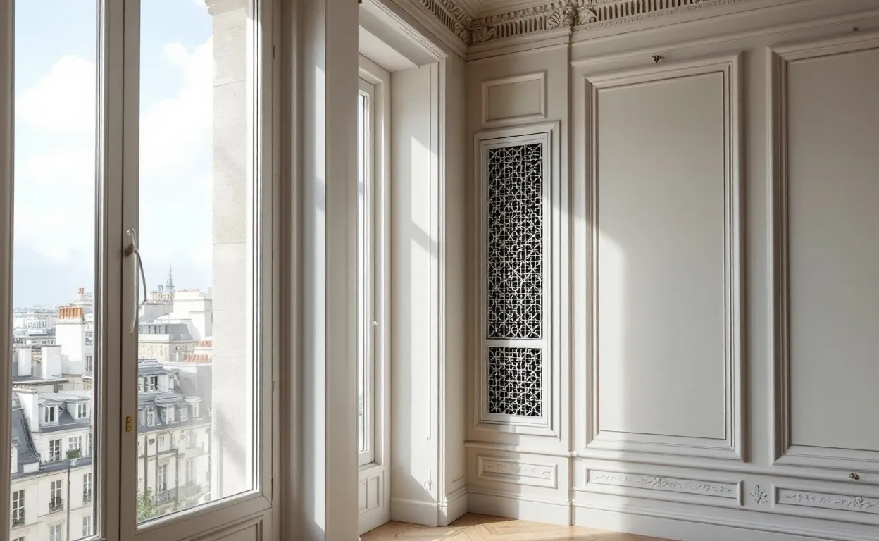 Intérieur d’un appartement haussmannien en rénovation, avec moulures, hautes fenêtres sur les toits de Paris et une grille de ventilation moderne discrète sur le mur.