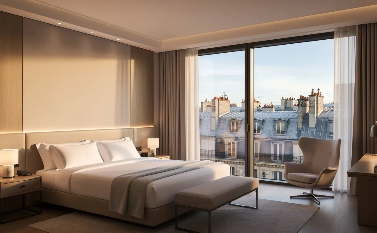 Chambre d’hôtel moderne à Paris avec grande fenêtre donnant sur les toits parisiens et baignée de lumière naturelle.