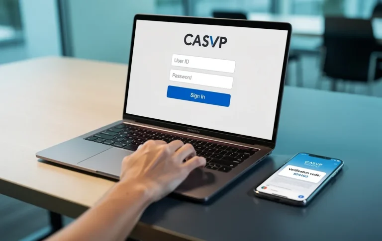 Une main saisit un identifiant sur l’écran de connexion CASVP d’un ordinateur portable posé sur un bureau moderne, tandis qu’un téléphone à proximité reçoit un code de vérification.