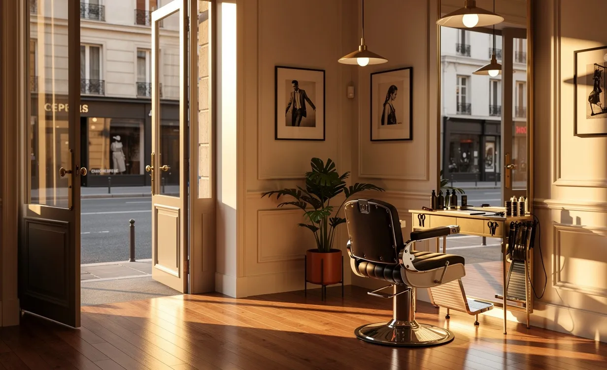 Un salon de coiffure parisien avec une porte ouverte et un fauteuil de barbier près de la fenêtre, baigné de lumière dorée.