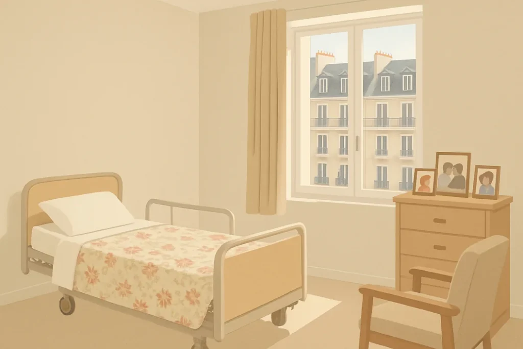 Chambre lumineuse d'Ehpad avec lit médicalisé, fauteuil et commode personnelle face aux immeubles parisiens